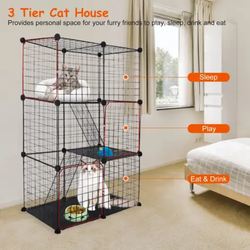 3 Tier Cat Playpen Cage Metal Indoor Cat House Detachable Kitten House with 3 Doors 2 Ladders Large Cat Exercise Place for 1-2 Cats Black - Image 3